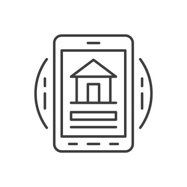 Gayrimenkul ajansı mobil uygulama seçimi ve ince çizgili resim ikonu tasviri araştırması. Emlak konutları yazlık internet mağazası satışı kira sözleşmesi akıllı telefon uygulaması