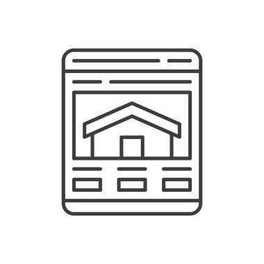 Emlak ajansının internet tarayıcısında ince çizgili resim ikonu çizimi aranıyor. Emlak satışı kira satın alma şirketi pazarlama web sayfası çevrimiçi kullanıcı arayüzü minimal pictogram