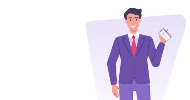 Çok mutlu bir iş adamı internet sitesi reklamları ile cep telefonu ekranını gösteriyor. Düz animasyon. Kırmızı kravatlı, modaya uygun bir erkek patron. Mor takım elbiseli. Elinde beyaz telefon var.