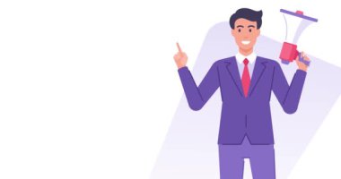 Modayı takip eden mutlu iş adamı elinde megafonla işaret ediyor. Düz animasyon yayınlıyor. Kravat takmış gülümseyen iş adamı ve hoparlör açık hava konuşması sosyal haber reklamı.
