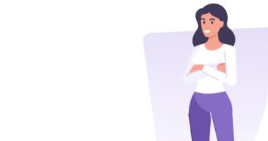 Gülümseyen genç, sıradan esmer kadın ellerini çapraz yapmış düz animasyon. Mutlu güzel iş kadını pozu olumlu duygu ve arkadaş canlısı yüz ifadesi izole edilmiş