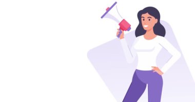 Gülümseyen kadın pazarolog, tanıtım amaçlı alışveriş sezonunda indirimli indirimli düz animasyon için hoparlör tutuyor. Mutlu tapılası kadın sosyal toplum reklamları megafonla izole edilmiş.