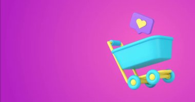 Tramvaydaki alışveriş arabasının en sevdiği dilek listesi perakende satış reklamı 3D ikon animasyon döngüsü. Mağazanın süpermarketi yeni ürün, aşk işi gibi istenen ürün.