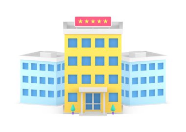 Otel rezervasyonu kentsel sokak inşaatı altyapı gerçekçi 3d ikon vektör illüstrasyonu. Ticari iş seyahati konaklama derecesi açık şehir turizm yurdu