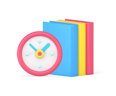 Kitap eğitimi okumayı öğrenme zamanı. Okul saatine geri sayım. Gerçekçi 3d ikon vektör illüstrasyonuyla. Akademik ders mezuniyet sınavı edebiyatı