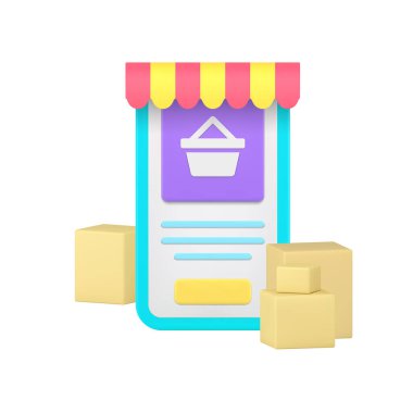 Çevrimiçi alışveriş pazarı akıllı telefon uygulama siparişi teslimatı 3d gerçekçi vektör illüstrasyonu. İnternet mağazası süpermarket cep telefonu uygulaması tente arabası siber uzay ticari hizmeti