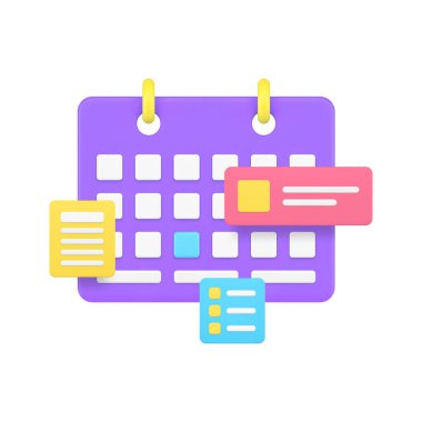 Takvim günlük planlama zamanı yönetim verimliliği verimli organizasyon 3d gerçekçi vektör illüstrasyonu. Haftalık hatırlatma organizatörü için önemli bir toplantı.