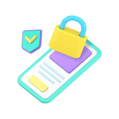 Asma kilit 3d ikon gerçekçi vektör illüstrasyonlu akıllı telefon veri koruması dijital güvenlik uygulaması. Gizlilik internet bağlantısı cep telefonu güvenliği çevrimiçi ağ teknolojisi