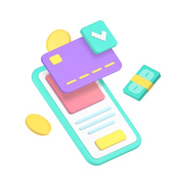Çevrimiçi bankacılık dijital cüzdanı finansal akıllı telefon uygulaması 3d gerçekçi vektör illüstrasyonu. Cep telefonu bankası elektronik para aktarım hesabı yönetimi sanal ödeme aktarım erişimi