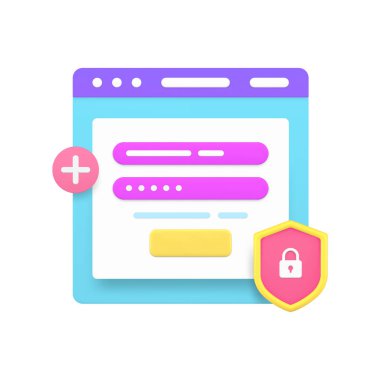 İnternet tarayıcısı giriş şifresi kayıt güvenlik kişisel veri koruma 3d gerçekçi vektör illüstrasyonu. Çevrimiçi kayıt erişim formu kullanıcı arayüzü ağ güvenlik sayfası ağ yetkilendirmesi
