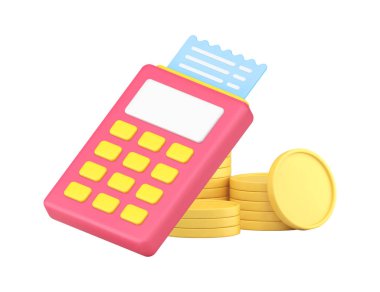 Alışveriş ödeme terminali çıkış makbuzu ve bozuk para parası 3d gerçekçi vektör illüstrasyonu. Mali banka işlemi ürünlerin satın alınması konusunda başarılı oldu