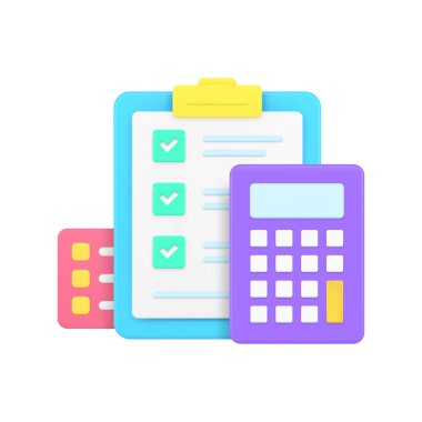 Finansal muhasebe bütçe planlaması kazanç giderleri denge kontrol 3d ikon gerçekçi vektör illüstrasyonu. Liste yapmak için hesap makinesi kontrol listesi gelir yönetimi ile ekonomi analizi kar kontrolü