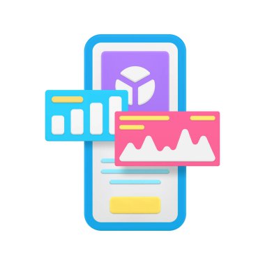İş analizi istatistik raporu akıllı telefon uygulaması 3d gerçekçi vektör illüstrasyonunu izliyor. Web gösterge paneli beyin fırtınası sonucu grafik şeması cep telefonu uygulamasını kontrol ediyor