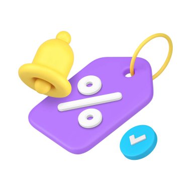 Fiyat etiketi yüzdesi zil 3d gerçekçi vektör illüstrasyonlu indirimli satış hatırlatması. Perakende mağazası süpermarketine özel teklif Kara Cuma onay uyarısı