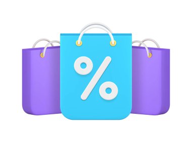 Alışveriş indirimi indirimi indirimi% 3D kağıt poşet% 3D gerçekçi vektör illüstrasyonu. Market süpermarketi perakende satış fiyatı indirimi maliyet indirimi Kara Cuma ticari alımı