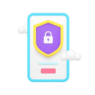 Akıllı telefon veri depolama uygulaması yazılım erişimi 3d gerçekçi vektör illüstrasyonu. Cep telefonu kişisel hesap güvenlik bilgileri kimlik gizlilik güvenliği gizli