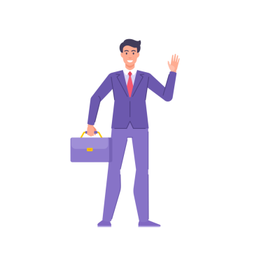 Neşeli, şık bir iş adamı, elinde evrak çantasıyla el illüstrasyonunu selamlıyor. Kravat takmış gülümseyen erkek olumlu duygularla karşılama jesti yapıyor.