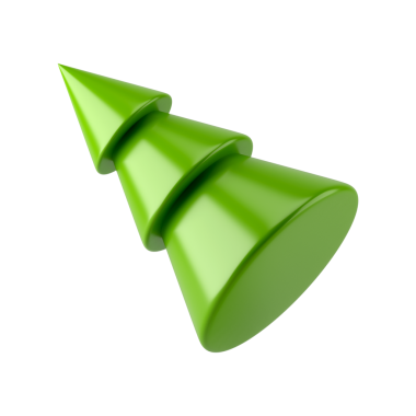 Düşen koni noel ağacı. Mutlu tatillerin yeşil iç minimalizmi. Geometrik ladin tasarımı geleneksel yeni yıl. İç dekorasyonla birlikte hediye kutlaması. 3d illüstrasyon