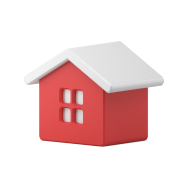 Karla kaplı oyuncak ev. Beyaz çatılı ve pencereli renkli 3D kırmızı bina. Moda, yeni yıl ve parlak dekorasyon. Geleneksel sembol, eğlenceli partiler ve hediyeler. resimleme