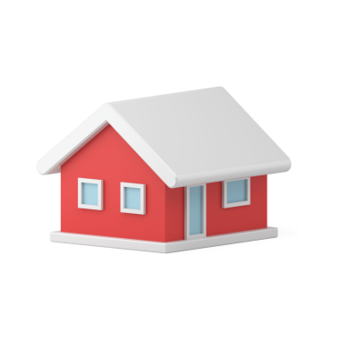 Karla kaplı oyuncak ev. Beyaz çatılı ve pencereli renkli 3D kırmızı bina. Moda, yeni yıl ve parlak dekorasyon. Geleneksel sembol, eğlenceli partiler ve hediyeler. resimleme