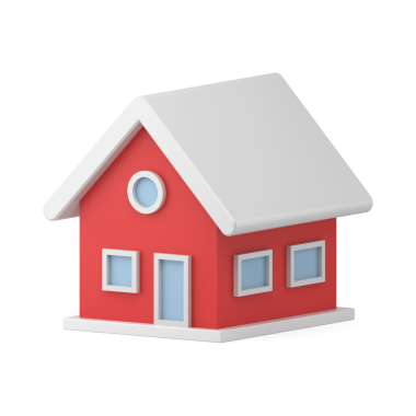 3D evi renkli kar kaplamış. Beyaz çatılı ve pencereli kırmızı Noel binası. Modern yeni yıl dekorasyonu ve parlak dekorasyon. İç sembol, eğlenceli partiler ve hediyeler. resimleme