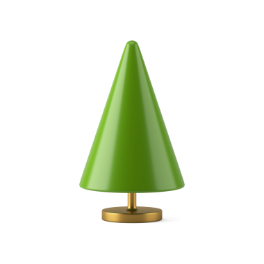 Yeşil koni minimalist noel çamı. Mücevher iç dekorasyonu tezgahta. Sarı renkli, iki katlı yeni yıl tasarımı. Mutlu bayramlar sembolü kutlayın. 3d illüstrasyon