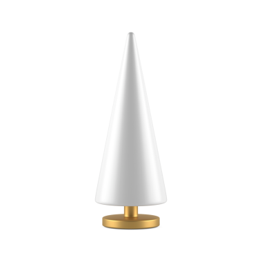 Altın stantta Noel ağacının beyaz konisi. Minimalist yeni yıl tasarımı. Parlak kış tatili için geometrik piramit. 3d illüstrasyon