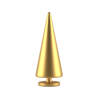 Noel ağacının altın külahı tezgahta. Sarı süslemeli minimal yeni yıl tasarımı. Parlak kış tatili için geometrik piramit. İçi değerli metallerden yapılmıştır. 3d illüstrasyon