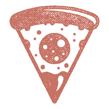 Domatesli ve peynirli pizza dilimi pul efekti çizimi. Paket ve fast food restoran menüsü tasarımı veya etiket dekorasyonu için klasik grunge doku sembolü