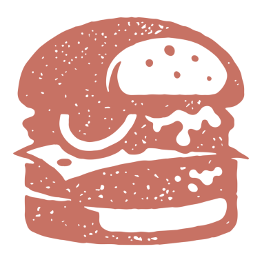 Logo olarak büyük hamburger silueti fast food servis eli pul efekti illüstrasyonu çizdi. Paketleme ve fast food restoranlarının menü tasarımı veya etiket dekorasyonu için arka planda klasik grunge dokusu