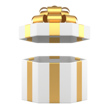 Kapağı açık bir kutlama kutusu. Noel beyaz sürprizi lüks altın saten kurdeleyle süslenmiş. Doğum gününde ve yeni yıl dönümünde hediyelerle neşeli alışverişler. 3d illüstrasyon