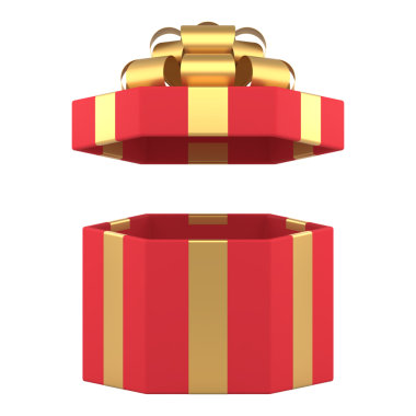 Kapağı açık bir kutlama kutusu. Noel kırmızı sürprizi lüks altın saten kurdeleyle süslenmiş. Doğum gününde ve yeni yıl dönümünde hediyelerle neşeli alışverişler. 3d illüstrasyon