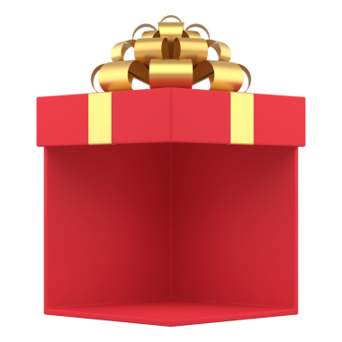 Renkli kırmızı hediye kutusu kesilmiş. Hoş sürprizler ve pahalı eşyalar için Noel paketi. Zarif altın çizgiler ve gür bir yay. Ev ve ofis dekorasyonu için yeni yıl dekorasyonu. 3d illüstrasyon