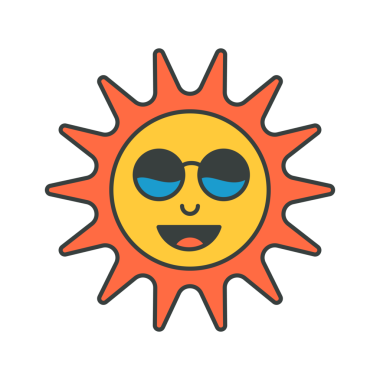 Sarı ortadaki güneş gözlüklü gülümseyen turuncu hippi sanat eseri düz çizimi. Mutlu doğal güneş ışınları harika tişört baskısı dekoratif tasarımı beyazda izole. Klasik yaz tatili.