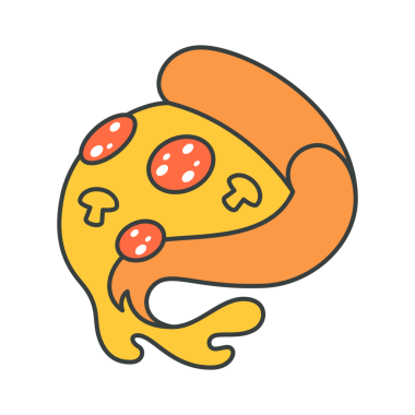 Erimiş peynirli sosis ve mantarlı kıvrımlı pizza. Popüler çizgi film çizimleri. İştah açıcı fast food üçgeni dilimi komik sağlıksız yemek tişört baskısı dekoratif tasarım