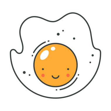 Gülümseyen yumurta karakteri komik surat olumlu duygu patlaması tişört baskısı karikatür çizimi. Yumurta sarısı protein baharatlarıyla sabah kahvaltınız kutlu olsun. Şirin yemek tarzı.