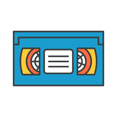 Retro plastik kaset kaset, pop art t-shirt baskı karikatür çizimi. Klasik VHS film manyetik analog elektronik bilgi deposu izole edildi. Video bantlı video kaset