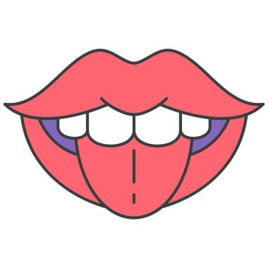 Flört eden bir kadın, beyaz dişlerini açıp, dil sanatının modası geçmiş tişört baskısı karikatür resimlerini gösteriyor. Dişi pembe dudakları kandırmak şakacı seksi şakalar çizgi roman çıkartması dekoratif tasarımı