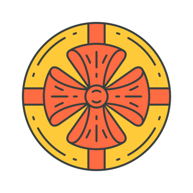 Kırmızı pruva manzaralı, yuvarlak sarı hediye kutusu. Popüler sanat harikası çizgi film çizimi. Kutlama kutlaması için yanında depolama kutlaması taşıyan yuvarlak bir karton kutu.