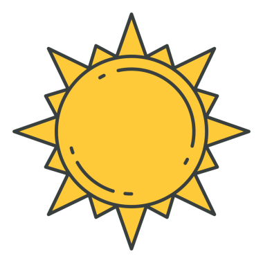 Parlak sarı yuvarlak yaz tatili güneşi ışıl ışıl pop sanatları moda tişört baskısı dekoratif çizimler. Çizgi roman, güneşli gökyüzü, ışık, sıcak hava etiketi.