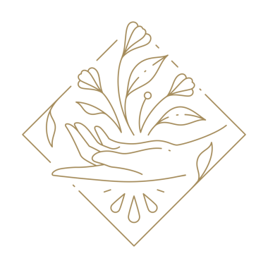 Minimalist insan eli çiçek açan bahar çiçekleriyle çevrili altın çerçeve doğrusal ikon çizimi. Doğayı tutan monokrom kol botanik bitki ekolojisi güzellik bakım hattı sanat amblemi izole