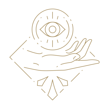 Minimalist insan el ele tutuşma çemberi hepsi gören göz rahatlatma meditasyon uyumu farkındalık çizgisi ikon çizimi. Tek renkli altın kol esrarengiz büyülü antikacı amblemi tasarımı izole edilmiş.