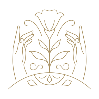 Çiçek tomurcuğu sapı ve taçyapraklı minimalist çizgi logosunu tutan zarif insan elleri. Romantik kollar doğası çiçek açan botanik çiçekleri cilt bakımı tek renkli altın ikon