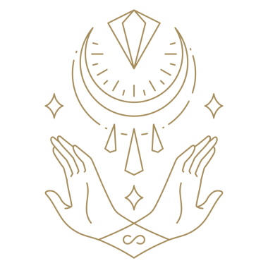 Çapraz insan avuç içi spa 'sı rahatla meditasyonu yarım ay parlak mücevher sembolü altın çizgi ikonu çizimi. Eller sonsuzluk ruhsal esrarengiz sağlık stüdyo spa rahatlama amblemi tasarımı