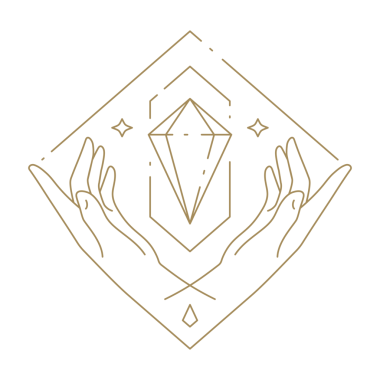 Mücevher mücevheri tutan ruhani insan elleri parlak sihirli sembol, geometrik çerçeve, altın minimalist çizgi ikonu. Esrarengiz premium amblem spa Rahat meditasyon mücevher etiketi