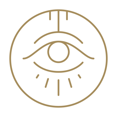 Esrarengiz insan, göz okültizmi ortaçağ optik sembolü minimalist çerçeve çerçeve dekoratif tasarım çizgisi ikonu çizimini görüyor. Sihirli göz yuvarlak sınır uyumu yaşam dengesi