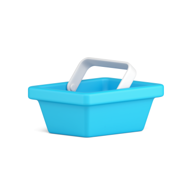 Marketin 3D ikon resimlerinden alışveriş yapmak için kullanılan boş mavi sepet. Yiyici dükkanından satın almak için basit plastik ekipman. Satın alma ve perakende