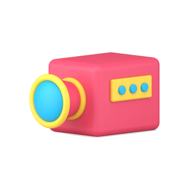 Video kamera 3D simgesi. Sarı lensli ve düğmeli kırmızı medya aygıtı. Film çekmek ve dijital blog eleştirileri için ekipman. Sosyal grup ve kanallar için çevrimiçi videolar. 