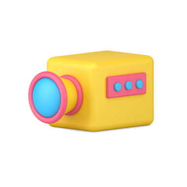 Video kamera 3D simgesi. Lens ve düğmeleri olan sarı medya aygıtı. Film çekmek ve dijital blog eleştirileri için ekipman. Sosyal grup ve kanallar için çevrimiçi videolar. 