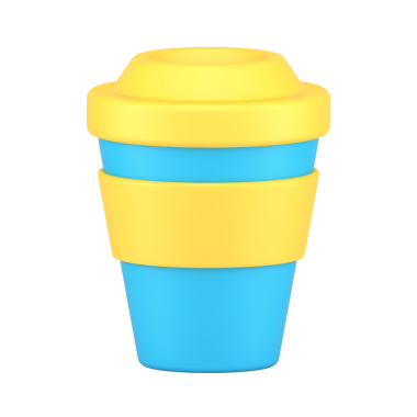 3D kahve ikonu için bir fincan. Sarı kapaklı ve kenarlı mavi karton kutu. Espresso ve Americano için tek kullanımlık plastik bardak. Sıcak ve soğuk içecekler için uygun bir tasarım.. 